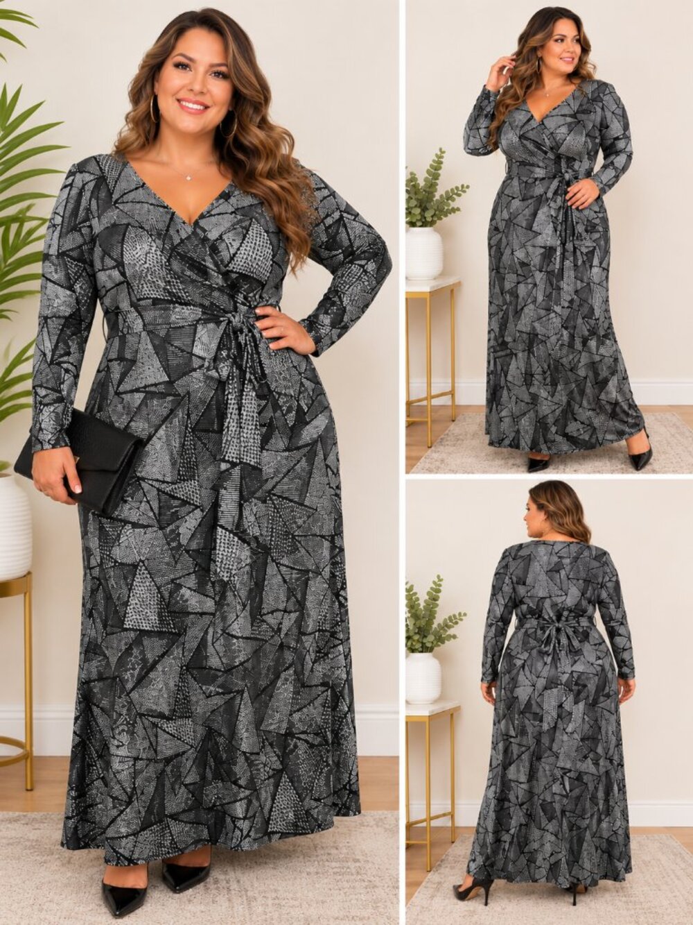 The Curve Los Angeles 3X Black Silver Geometric Metallic Wrap Dress